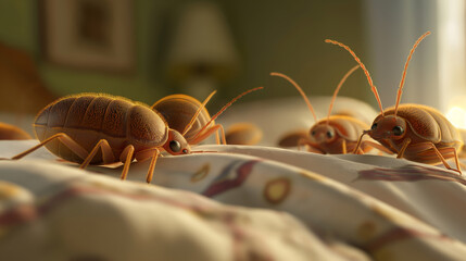Bed bugs or mites crawling on the bed linen, where child is sleeping. Cartoon image of enlarged bed bugs.