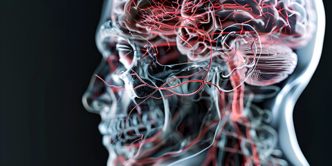 Anatomical figure with 3D rendered brain highlighted for medical visualization
