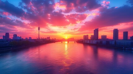Fototapeta premium Breathtaking Sunset Over Rhine River with Dusseldorf Skyline and Reflections
