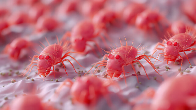 Microscope view of a bed bugs or mites. Macro view of an enlarged mites on the bed linen. 