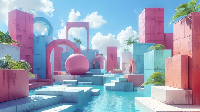 3D rendering of a colorful and geometric landscape