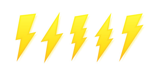 3d lightning bolt set. Thunderbolt, lightning strike on white background. Logo design of energy, power, charging. Modern flat style vector illustration