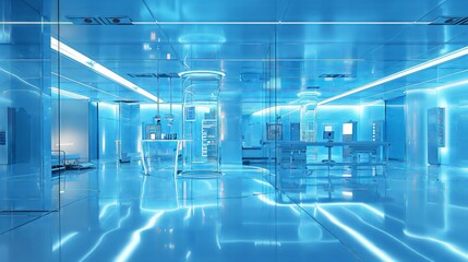4k rendered futuristic tech room with indigo and cyan accents, featuring advanced manufacturing equipment - captured with high-resolution camera