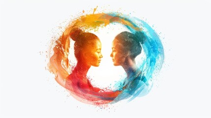 Two watercolor people facing each other with bright colors.