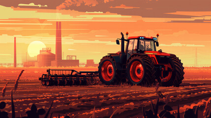 Fototapeta premium A red combine harvester drives through a field and collects wheat at sunset