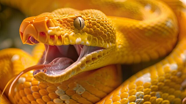 Close-up of a yellow Boga dendrophila snake.