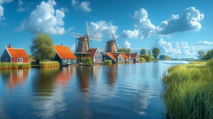 Obraz premium Scenic View of Traditional Dutch Windmills and Houses by the River in Zaandam, Netherlands