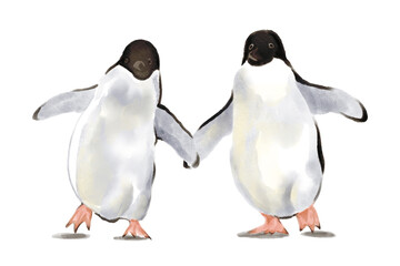 Naklejka premium penguin love ice Penguin Family in Antarctica Snowscape two penguins hand drawn illustration on transparent background