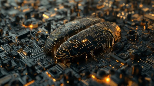 Futuristic brain chip cityscape: art deco-inspired 3d pastiche with luminous hdr reflections