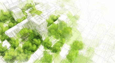 Urban oasis: green space concept sketch in city center - architectural blueprint style