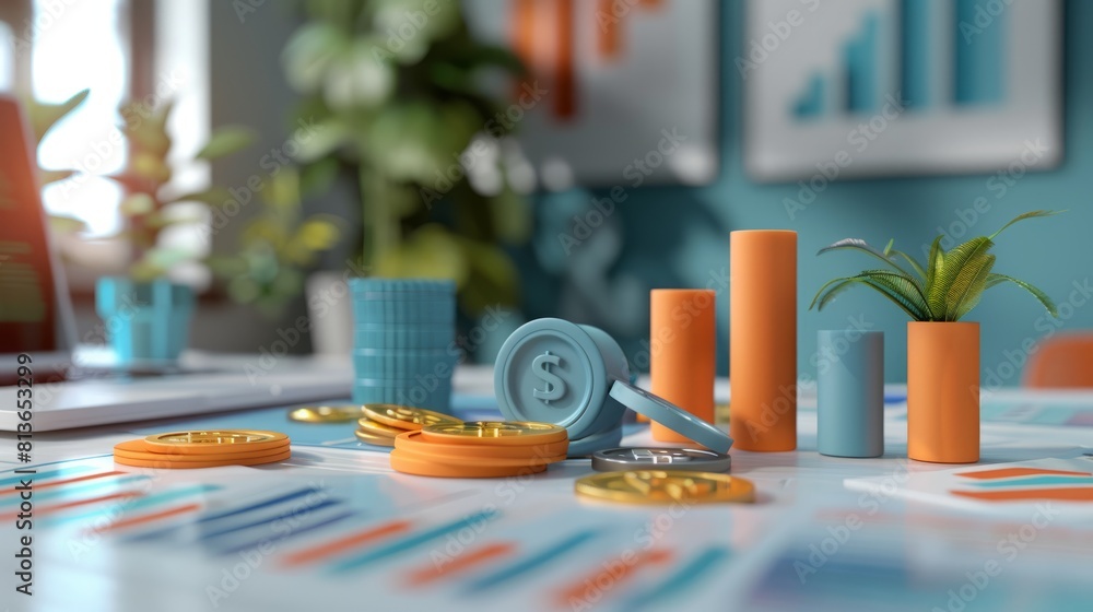 Poster 3d rendering of a desk with financial charts and graphs.