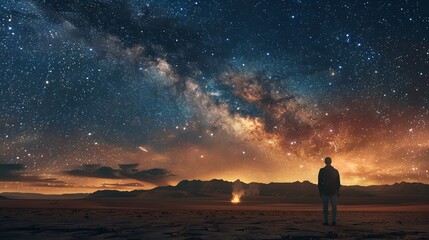 Fototapeta premium The image is a beautiful landscape of a starry night sky. The dark blue sky is filled with bright stars and a few clouds.