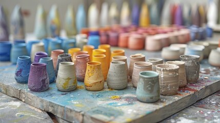 Colorful paint pots on a wooden table.