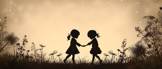 Two little girls holding hands silhouette. Happy friendship day illustration