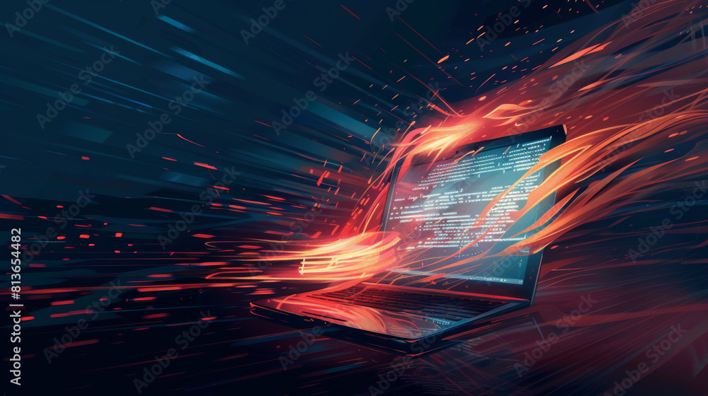 Poster powerful gust of wind symbolized by dynamic, swirling lines enveloping an open laptop that displays 