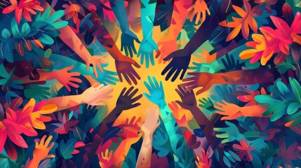 People of different races and skin colors joining their hands together in unity.