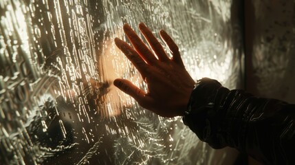 A hand reaching out to touch a glass window with a reflection of a person on the other side.
