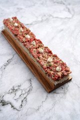 Wagyu Oshizushi sushi with beef on a marble table background