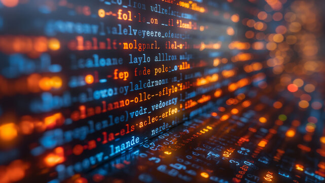 Close-up view of glowing computer code on screen