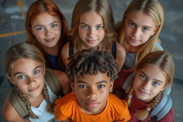 Obraz premium Group of diverse children looking up with backpacks
