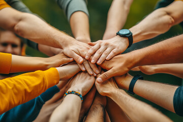 Diverse group of friends unite hands in a teamwork gesture