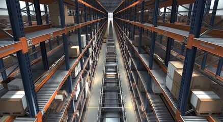 Cutting-edge automated warehouse facility: overhead view of storage and conveyor system