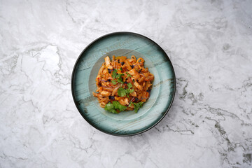 Udon noodles with chicken and vegetables, close-up, top view