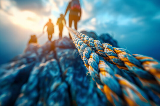 Fototapeta Mountain hikers on a secure rope bridge at sunset