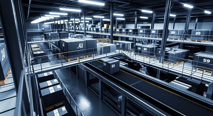 High-tech industrial warehouse interior with filled shelves and active conveyors - wide-angle overhead view