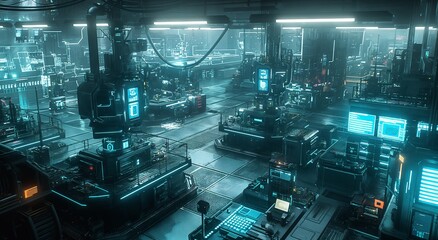 Futuristic industrial complex with glowing blue data streams - cinematic wide shot
