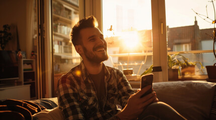 Portrait of a 30 years old man happy with his new smartphone, cozy apartment