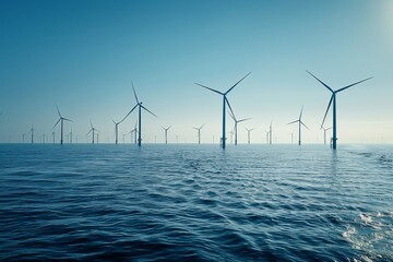 Fototapeta na wymiar A large body of water with many wind turbines in the distance