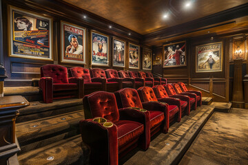 High-end home cinema with tiered seating, plush red velvet chairs, and vintage movie posters framed on the walls.