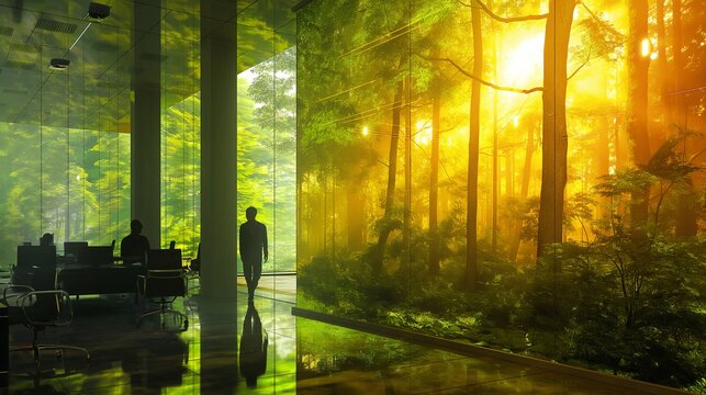 Contemporary office dynamics: zenin-inspired interior with natural scenery and vibrant motion