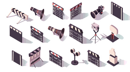 Collection of isometric film production equipment icons including clapperboards, cameras and lighting