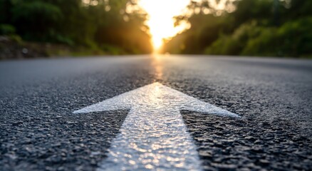 Pathway to success: arrow on road leading toward golden sunset horizons