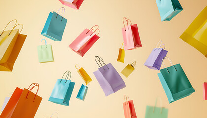Colorful shopping bags falling on beige background