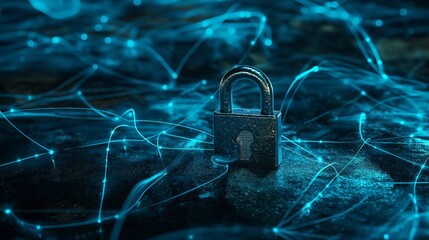 Secured digital network - textured canvas art with shackle padlock, blue graphics, lights and lines, real-time rendering, iso 200