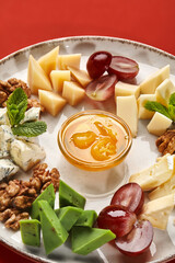 Elegant French style cheese platter on red background