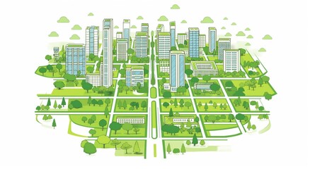 Eco-friendly urban design concept: sustainable city map with green architecture elements