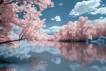Surreal Infrared Scenery: Ethereal Pink Landscape with Majestic Mountain Backdrop and Reflective Lake