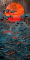 Japanese sunset inspired woodcut: chromatic waves in futuristic style with high detail - dark cyan and red mural illustration