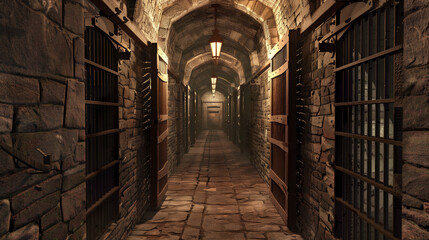 Fantasy medieval dungeon jail corridor with prison cells