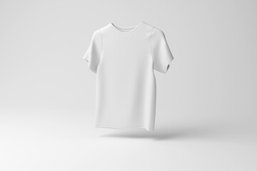 White tee shirt floating in mid air on white background in monochrome and minimalism. Illustration of the concept of textile industry, fashion and casual wear 