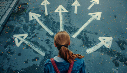 Choosing future profession. Girl standing in front of drawn signs on asphalt, top view. Arrows pointing in different directions as diversity of opportunities