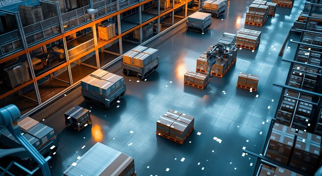 Automated warehouse efficiency: high-tech robotics and digital logistics - aerial perspective