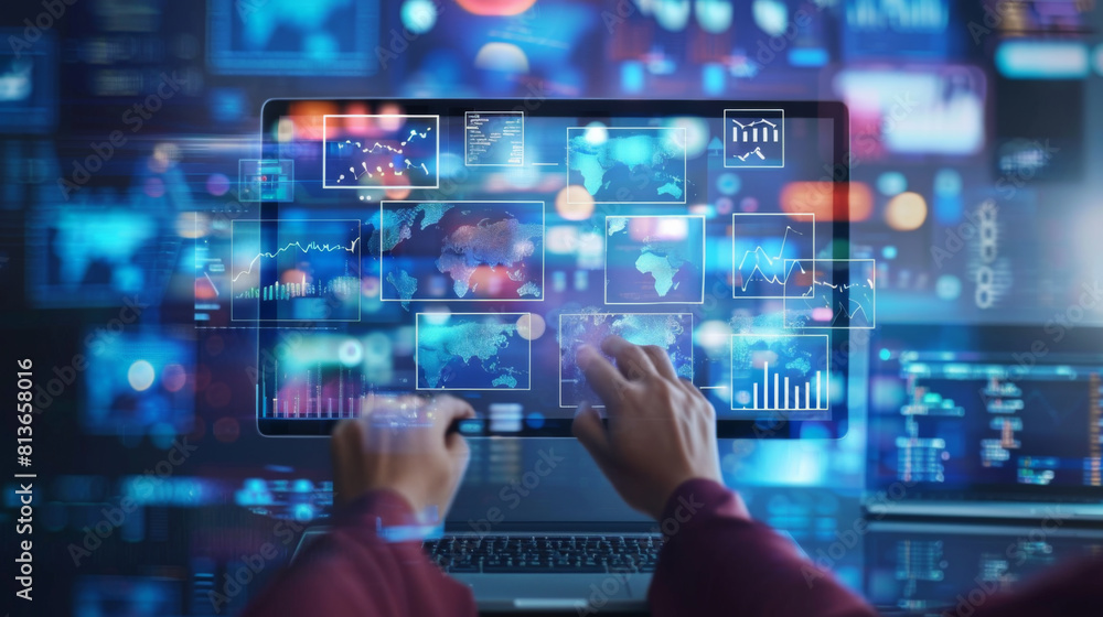 Poster a person is using a laptop to type on a screen that is filled with various graphs and numbers. conce