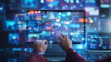 Fototapeta premium A person is using a laptop to type on a screen that is filled with various graphs and numbers. Concept of busyness and complexity, as the person is working with a lot of data