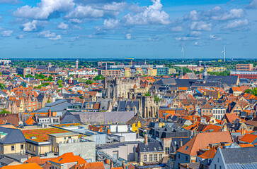Ghent cityscape with aerial panoramic view of Ghent city historical centre with old colorful...