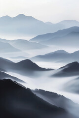 A tranquil view of the layers of mountain ridges disappearing into misty clouds, with their soft outlines and muted colors.